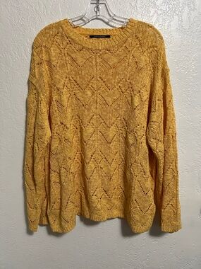 Open-Knit Chevron Pullover Sweater - Mustard Yellow